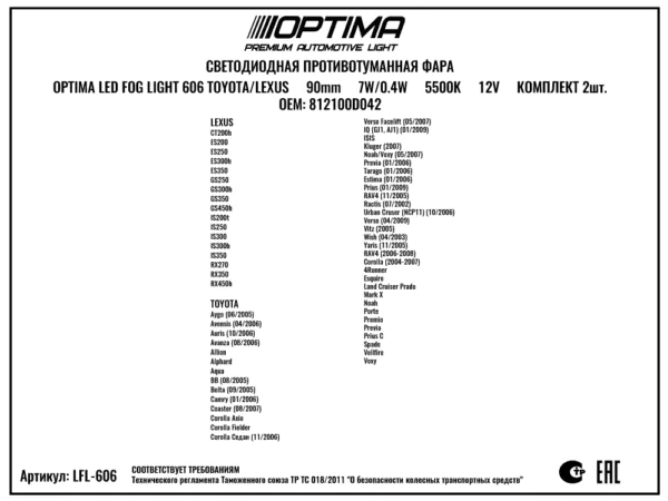 Светодиодные противотуманные фары Optima LED FOG 90мм Toyota/Lexus LFL-606 — фото 1